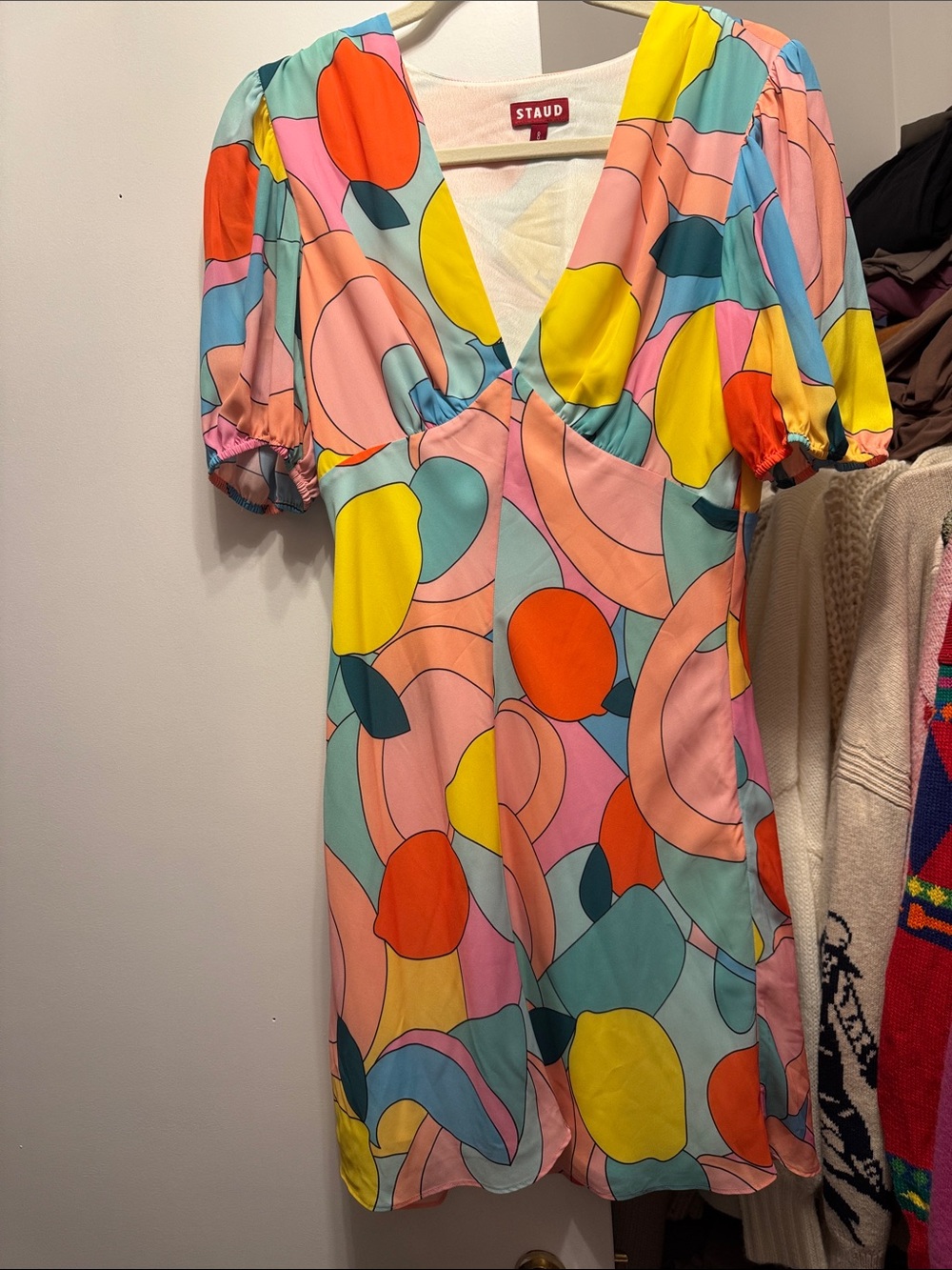 STAUD Pink Multicolor Fruit-Print V-Neck Mini Dress